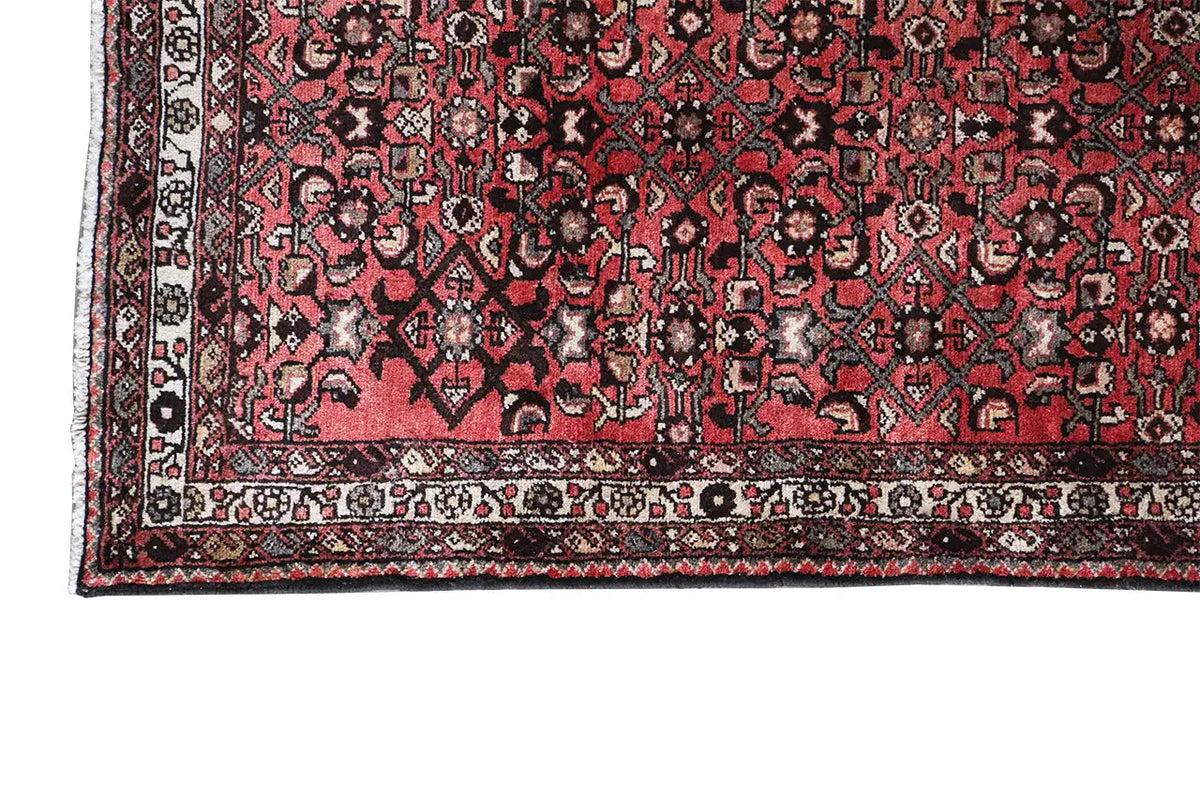 Corner of a runner rug with a border strip, red-and-black pattern, and light-colored frame