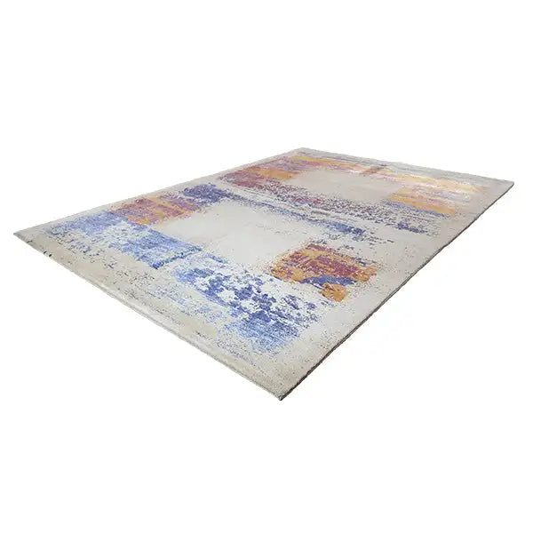 Designer rug with abstract patchwork in beige, blue, purple and orange