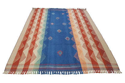 Jajim exclusive rug with blue center, zigzag in orange/beige