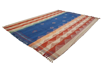 Jajim exclusive rug with blue central band, orange-beige zigzag, fringe