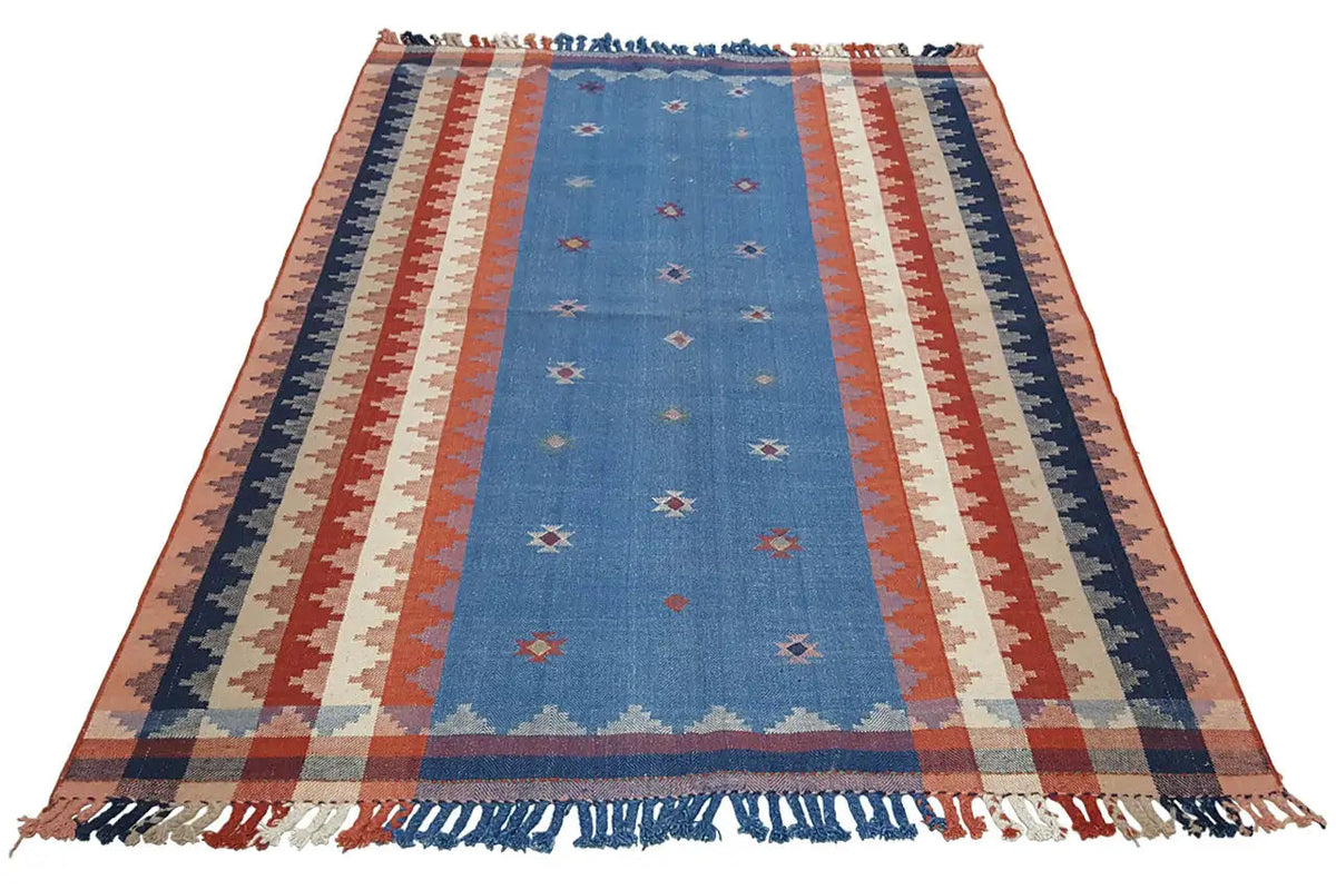 Blue and brown striped rug with a pattern and fringe, rectangular, approx. 219x156 cm