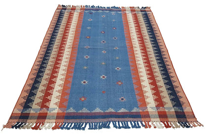 Blue and brown striped rug with a pattern and fringe, rectangular, approx. 219x156 cm