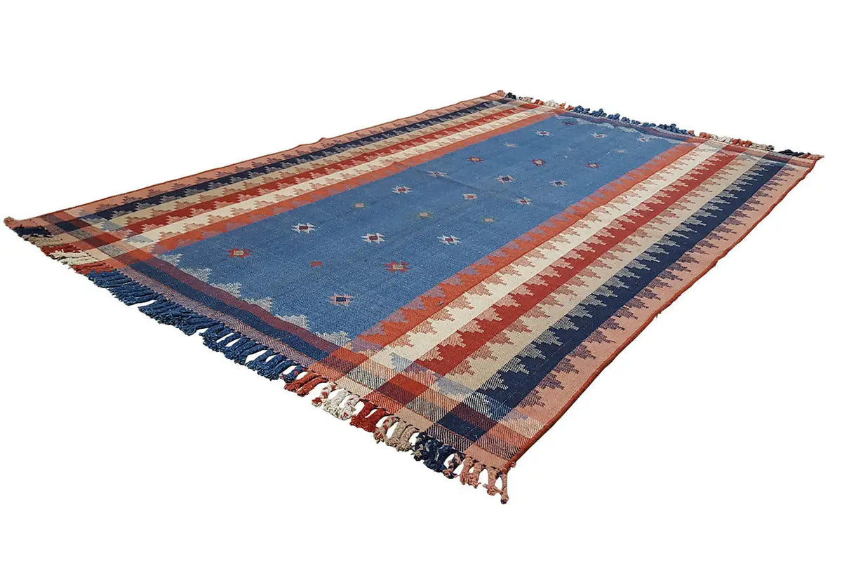 Rectangular rug with a blue central stripe, red-and-white and dark blue stripes, fringe