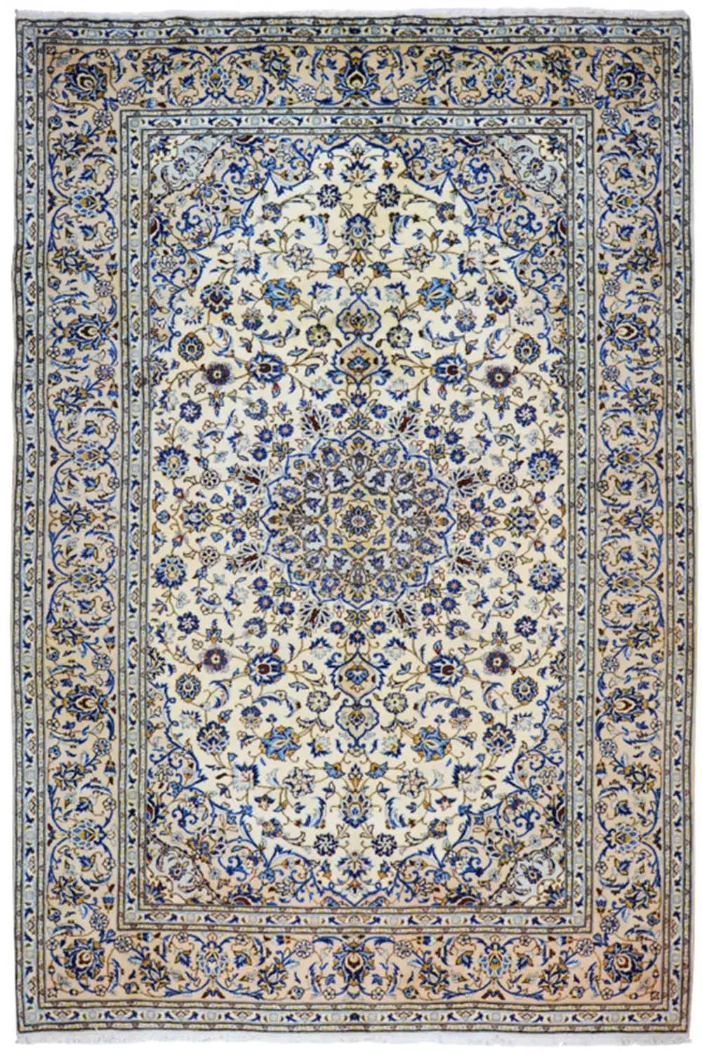Keshan rug with an ornamental floral pattern in blue and cream, rectangular