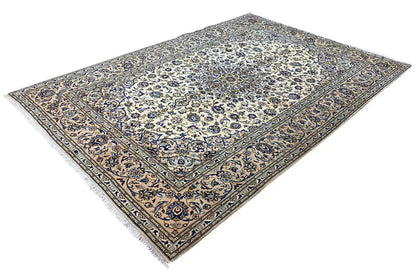 Keshan rectangular rug with small-scale vintage ornamentation in blue and beige