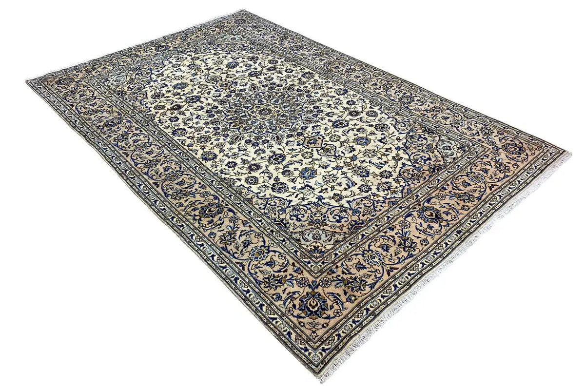 Keshan rug with blue vine ornaments and decorative border, rectangular