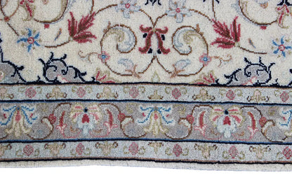 Close-up of Keshan carpet: border with ornamental bands in blue and red