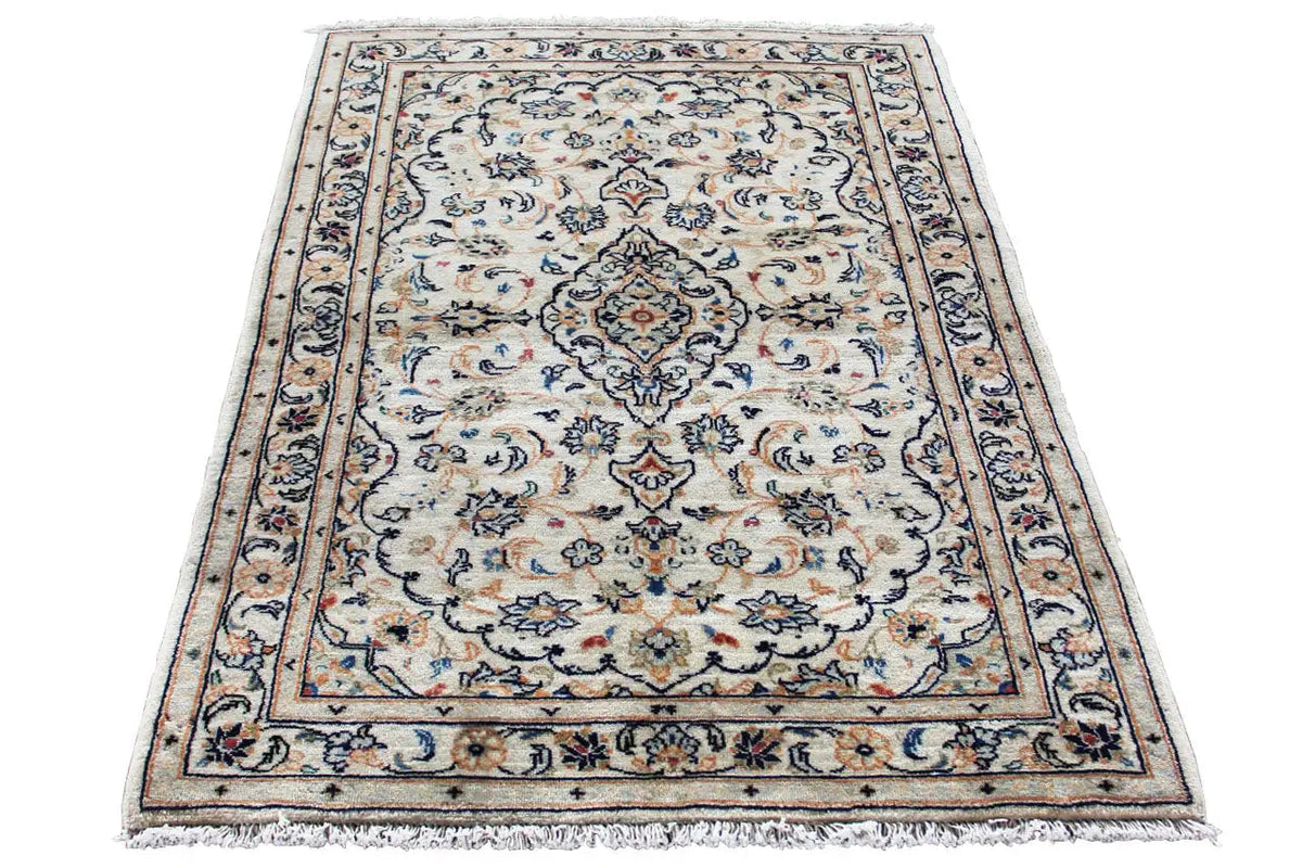 Beige Keshan rug with blue and red patterned ornaments, rectangular, 147x103 cm