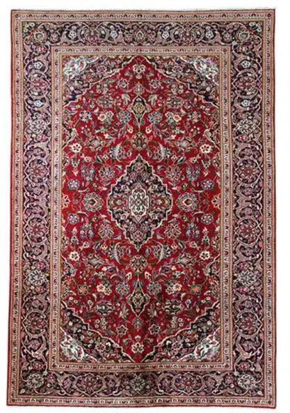Red Oriental rug with a detailed medallion design and decorative border