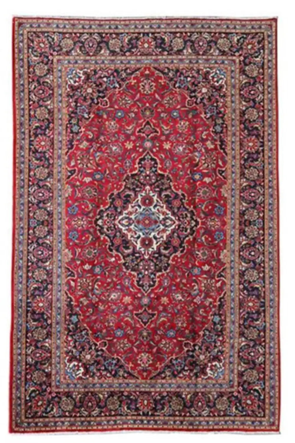 Red Keshan rug with a central medallion and multicolored border