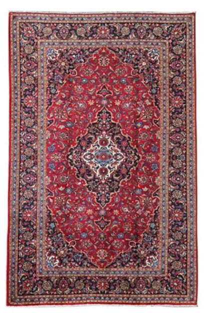 Red Keshan rug with a central medallion and multicolored border