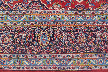 Keshan carpet pattern strip with birds and floral ornaments, red-dark blue.