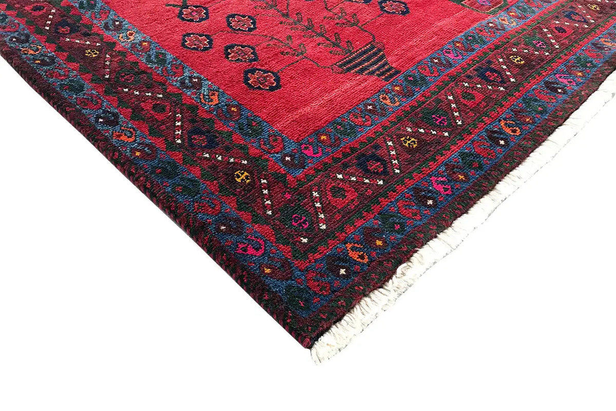 Corner of a red-and-blue oriental rug with a dark border and a fringe edge along the side.
