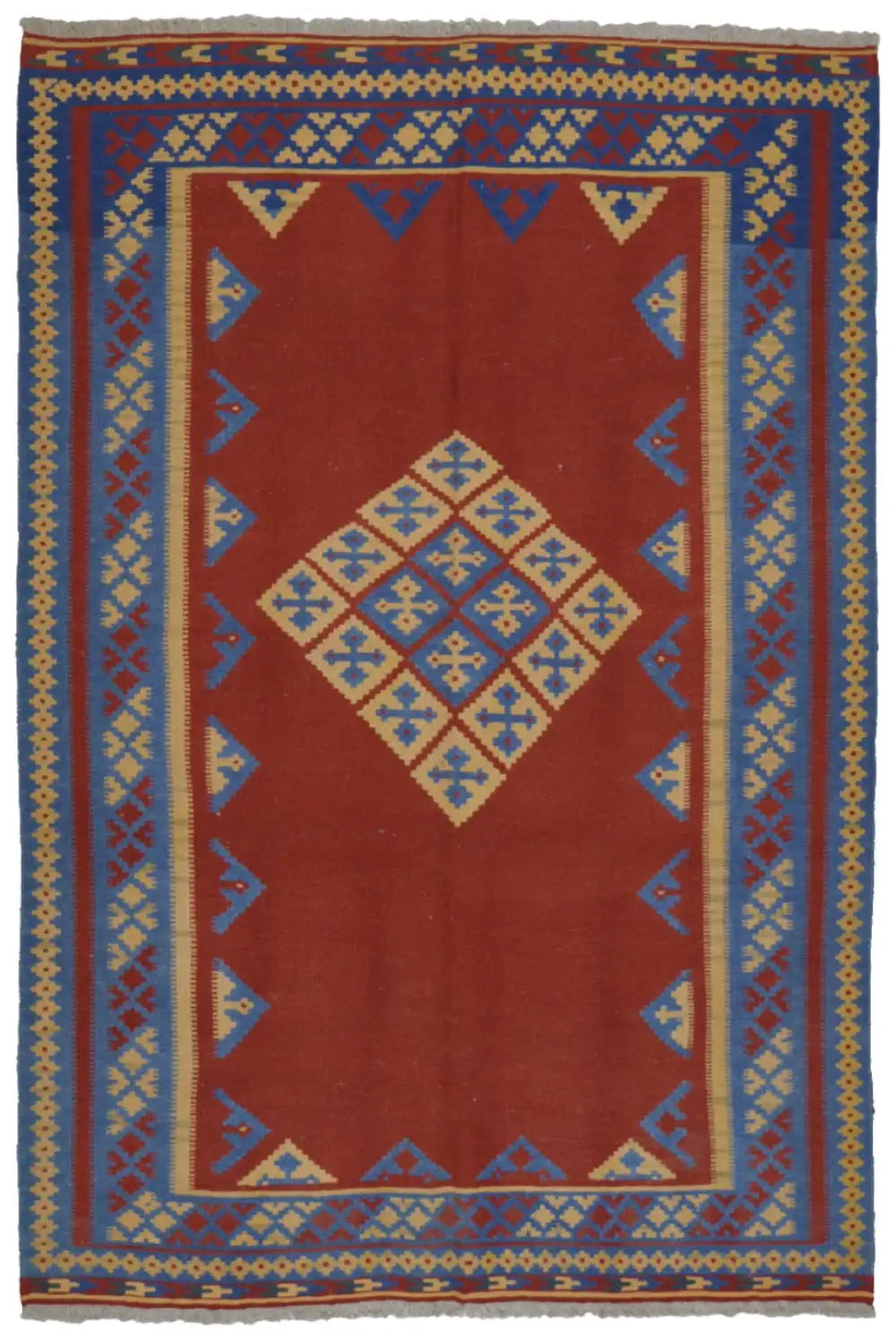 Qashqai-style kilim rug with a red background and blue patterns, rectangular