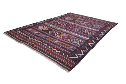Sirjan kilim with a geometric pattern in red, blue, and beige, zigzag border