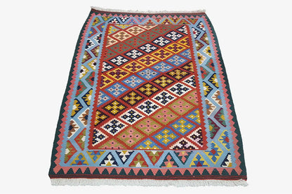Colorful kilim in Qashqai design with a geometric pattern and a wide border frame