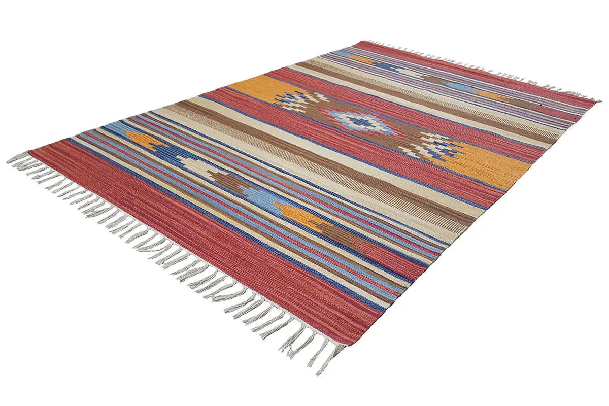 Modern kilim rug, multicolored stripes, fringes, red and beige