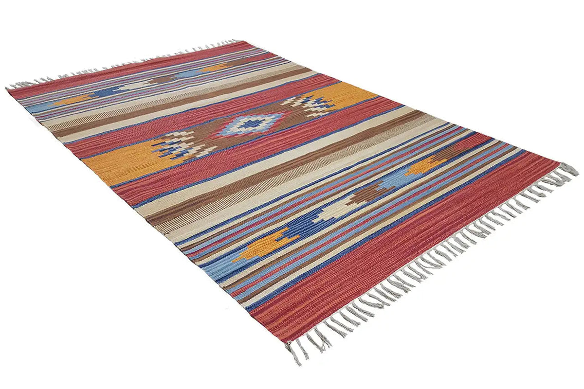 Kilim rug with multicolored stripes and fringes, diagonal view