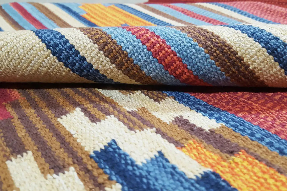 Kilim rug detail: multicolored raised stripes, woven texture