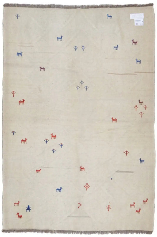 Light beige kilim rug with a pattern of red and blue figures and a square label along the edge