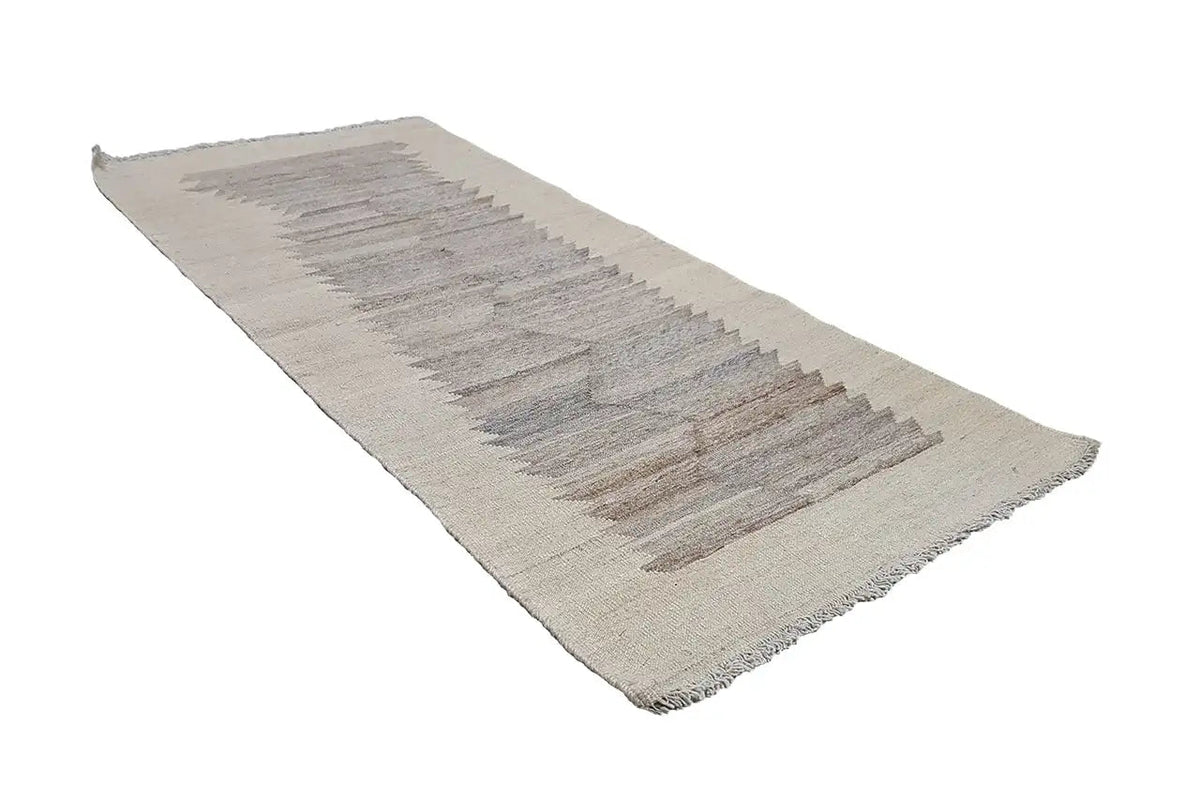 Kilim Qashqai rug in light beige with gray bars and zigzag edges