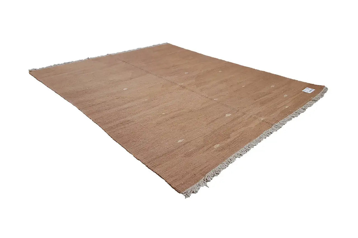 Brown kilim rug with light-colored embellishments, flat-woven, fringed edges