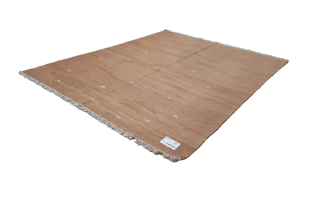 Brown kilim rug, subtle pattern, flat-woven, with fringes along the edges