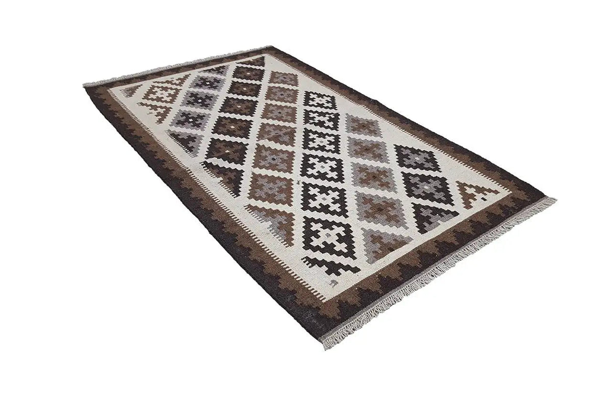 Kilim rug with a geometric diamond and triangle design in beige and brown