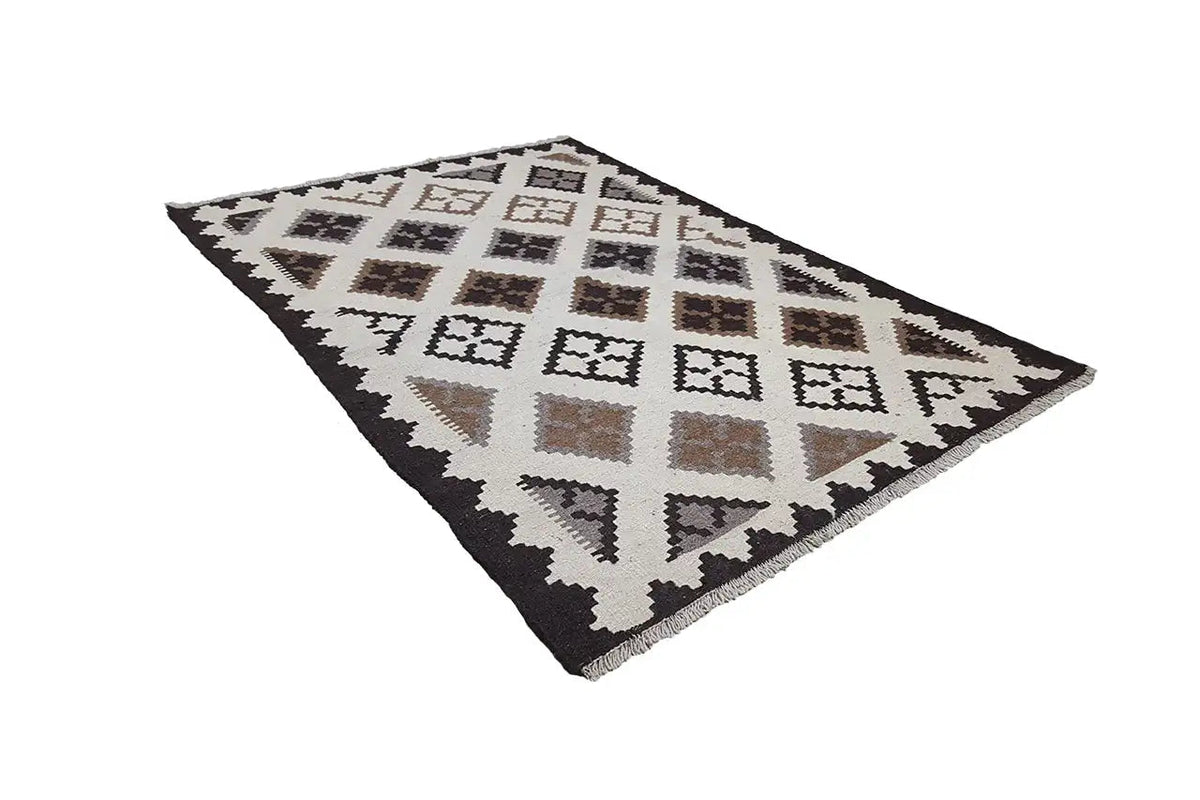 Kilim rug with diamond and square patterns, cream-colored background, black-brown