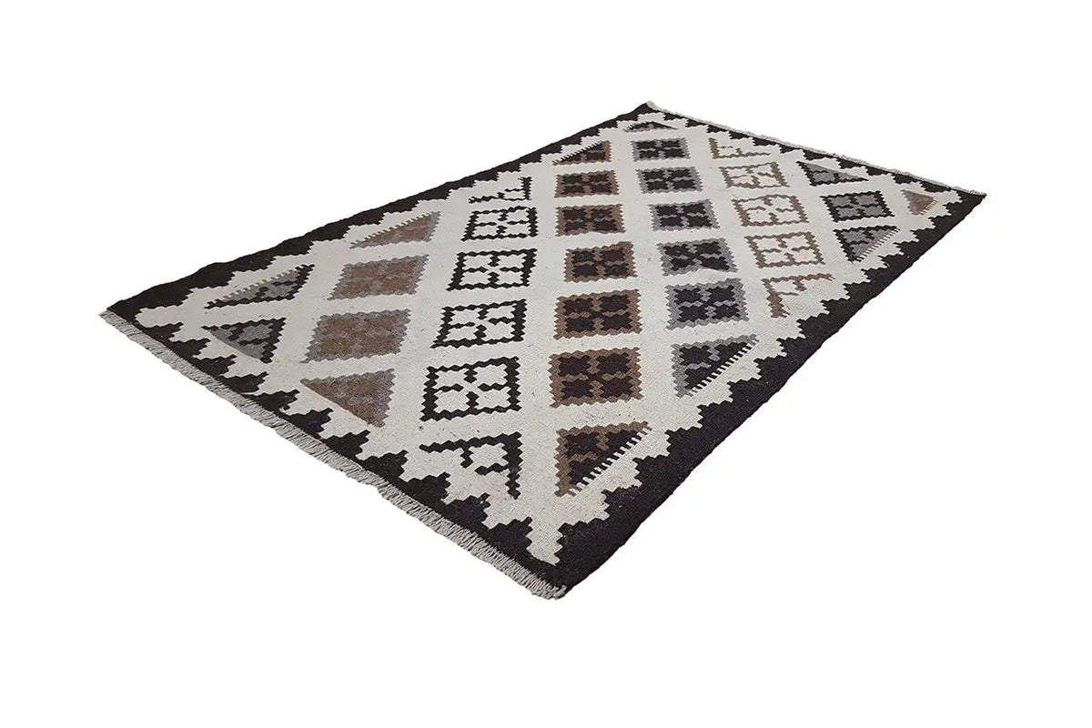 Kilim rug with geometric diamonds, cream-colored background, black and brown