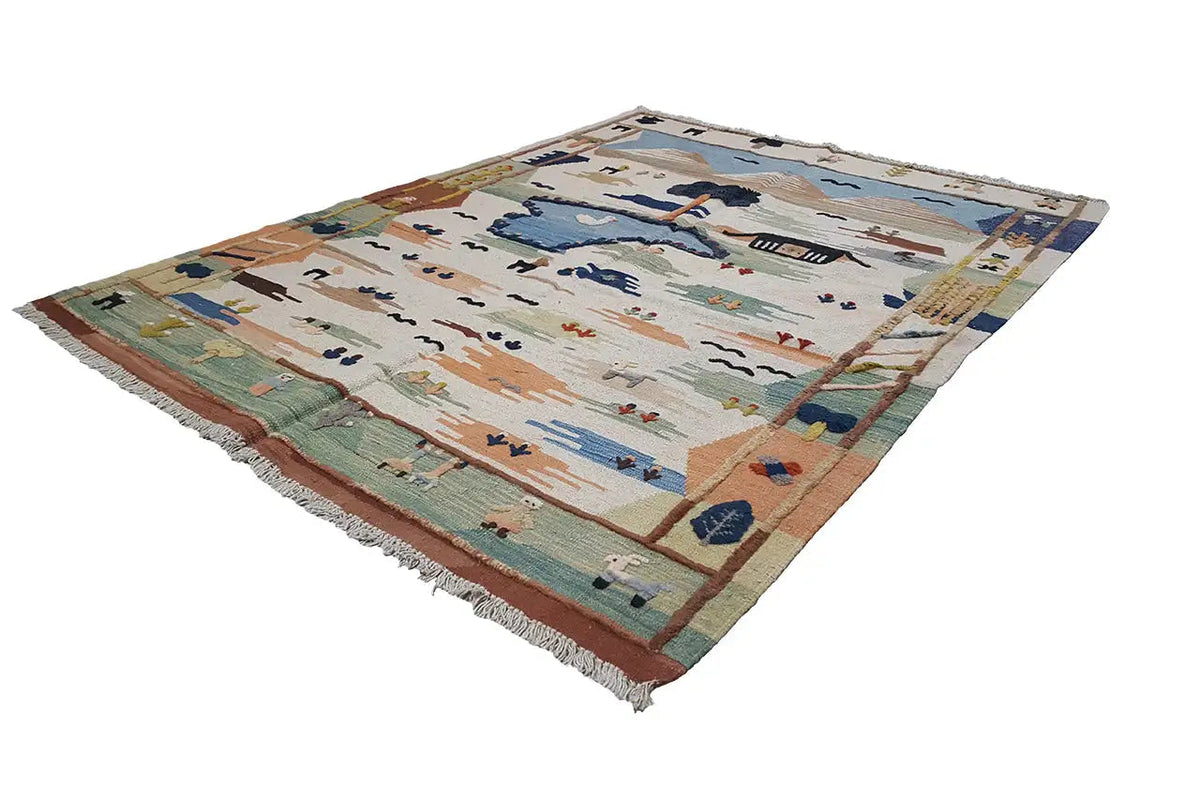 Kilim Qashqai rug, multicolored with animal and landscape motifs, with fringes