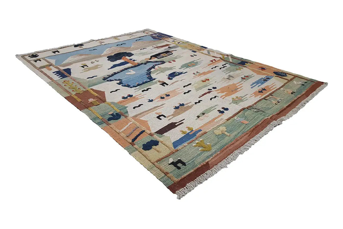 Kilim Qashqai rug with fringes, large pattern with figures and landscape elements