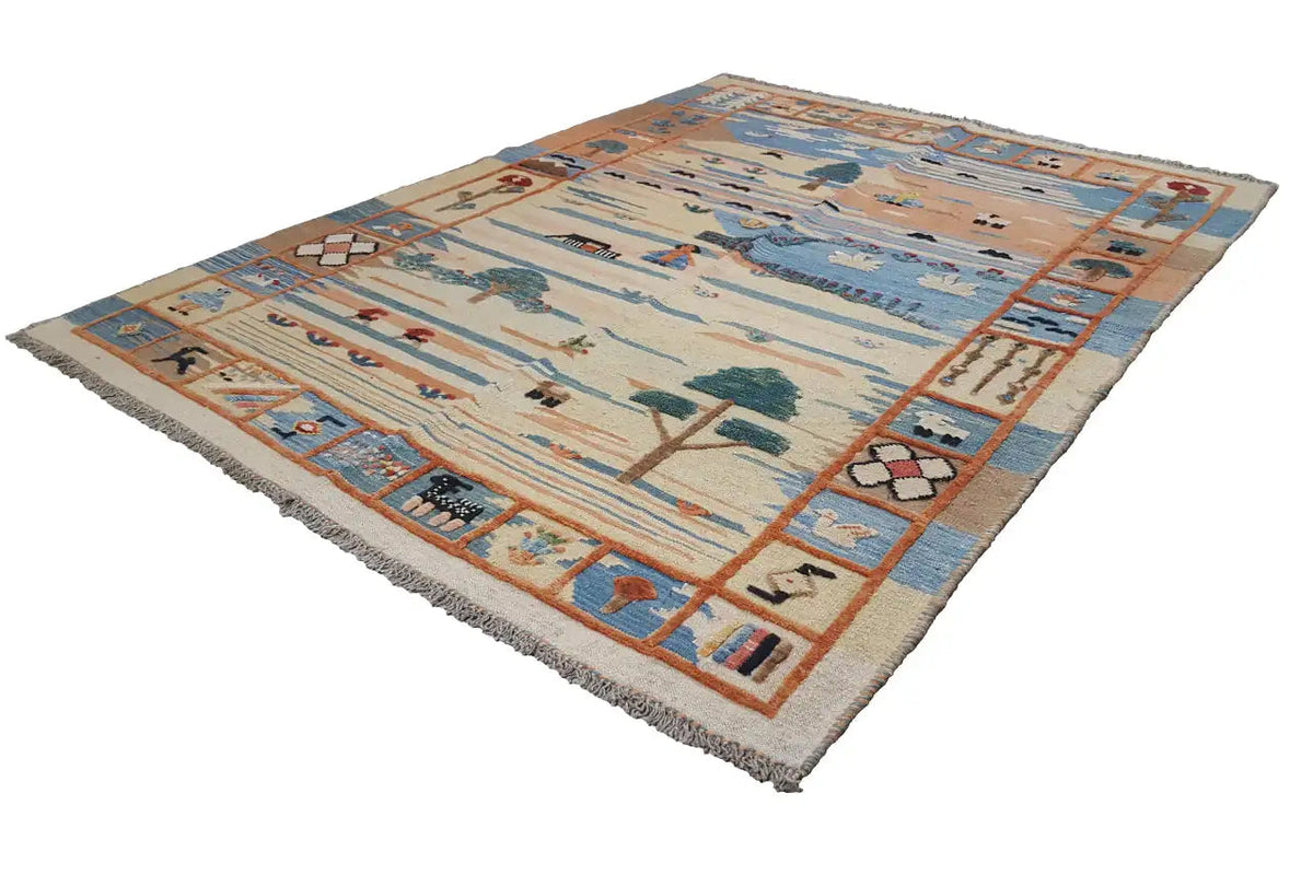 Kilim Qashqai rug with a blue central motif, orange lines and fringe