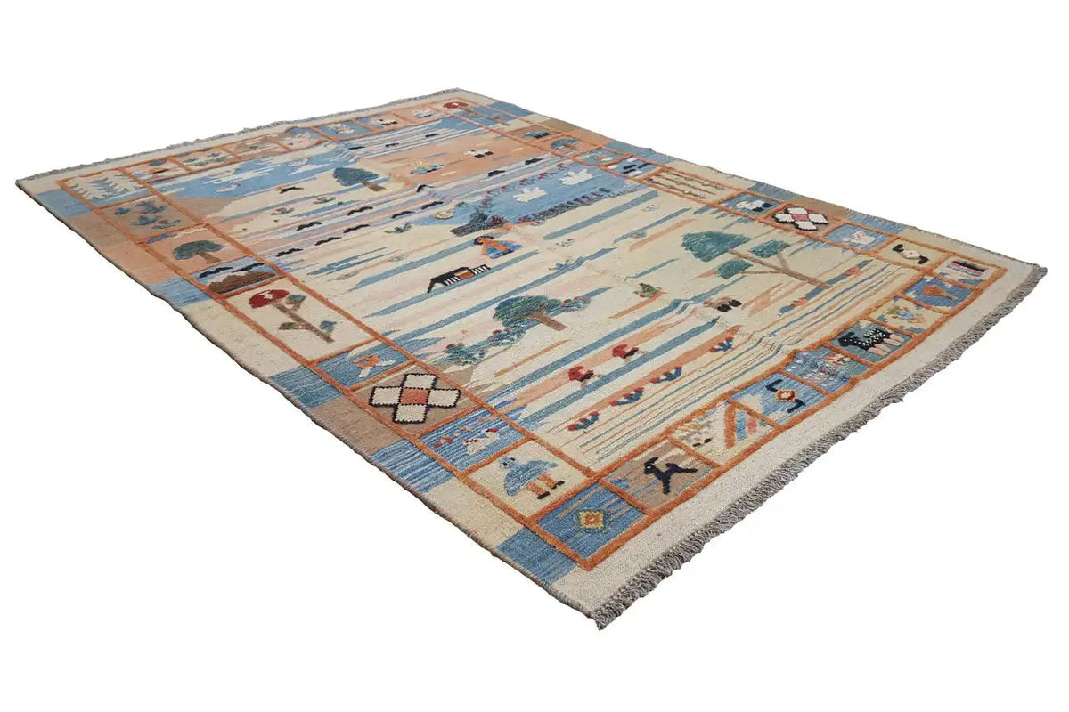Kilim Qashqai rug with geometric pattern, blue/orange border, and fringes