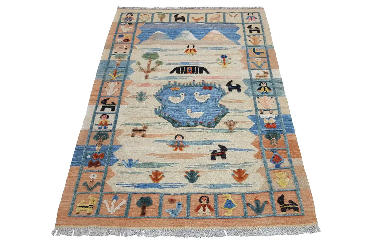 Oriental rug with blue medallion, ornate border, beige-brown, fringes
