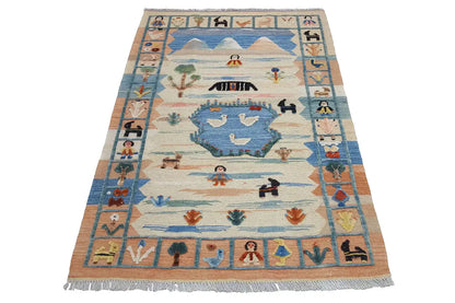 Oriental rug with blue medallion, ornate border, beige-brown, fringes