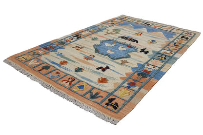 Oriental rug with blue medallion, colorful border, beige, fringes along the edges