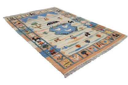 Angled oriental rug: blue central motif, geometric border, beige, fringes