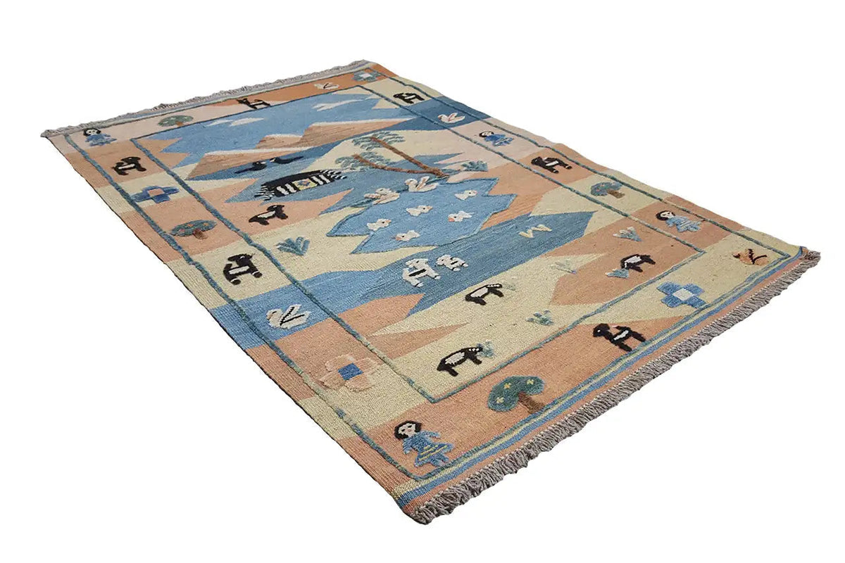 Kilim rug, diagonal, geometric animal motifs in light blue and beige, fringes