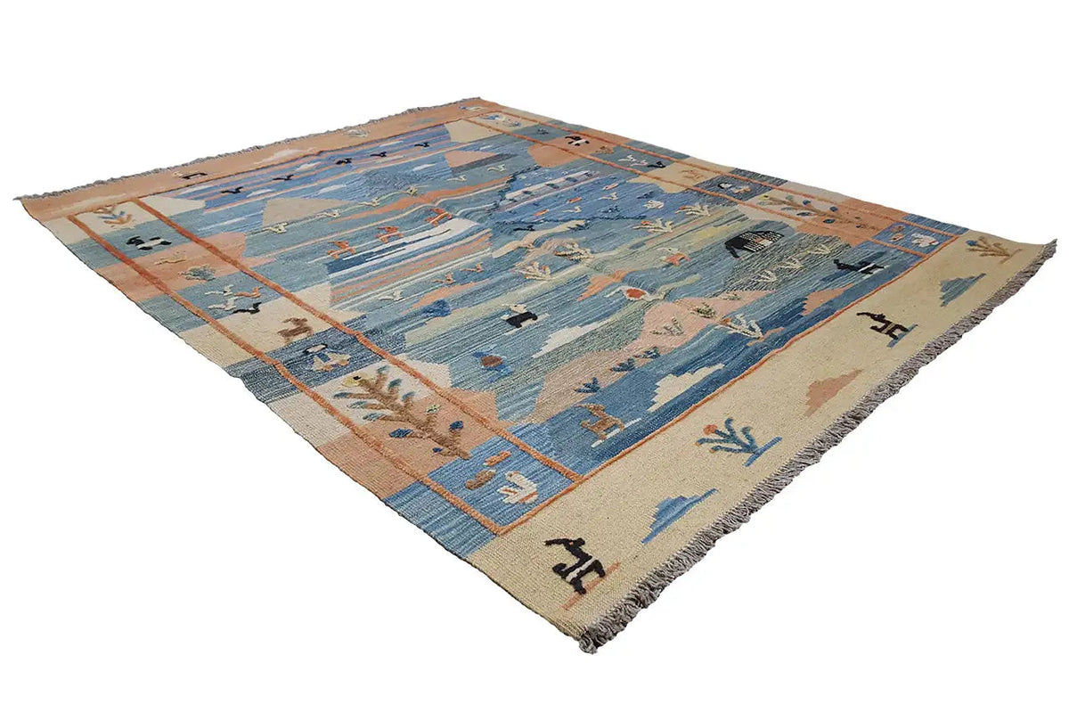 Kilim rug with a blue-beige pattern and orange border lines, fringes