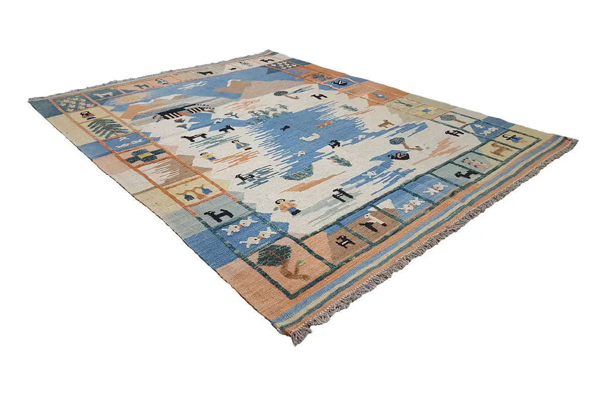 Kilim rug with a geometric oriental pattern in blue, beige, and orange, visible fringes
