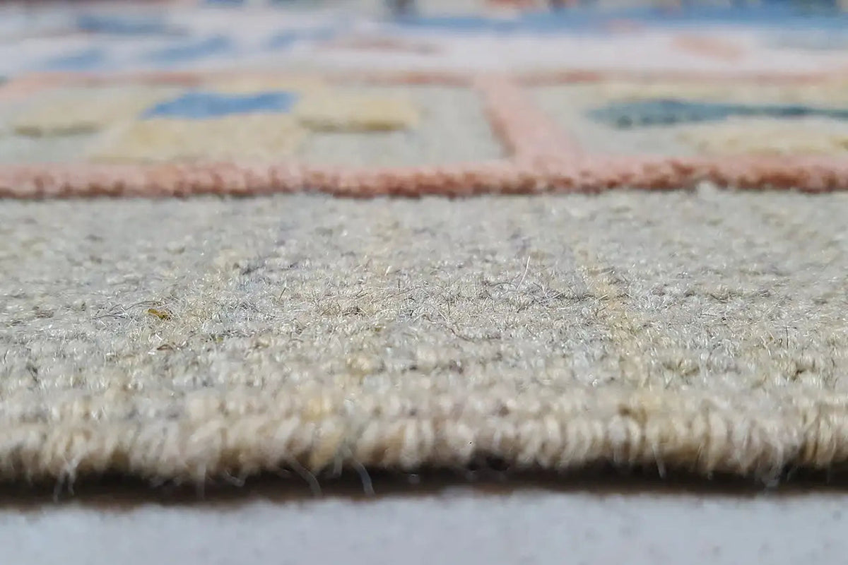 Kilim rug, close-up of the short pile edge with a multicolored pattern