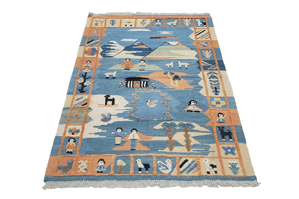Kilim oriental rug Qashqai 152x104 cm, blue landscape and animal pattern