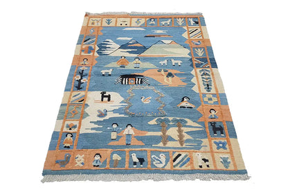 Kilim oriental rug Qashqai 152x104 cm, blue landscape and animal pattern