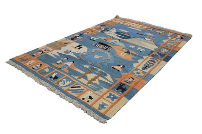 Kilim rug Qashqai 152x104 cm, diagonal view, blue pattern with figures and animals