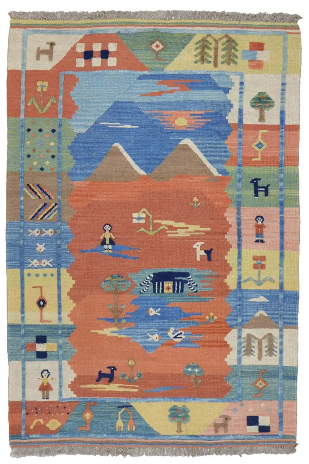 Kilim rug with a geometric pattern (blue, orange, cream) and fringes along the edge