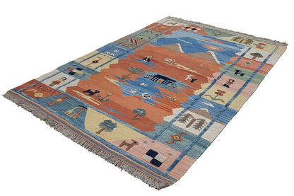 Kilim rug, twisted motif with mountains and figures, blue, orange, and cream colors, fringes
