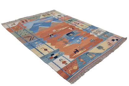 Kilim rug with geometric borders and scene motifs, blue, orange and cream, fringes