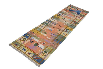Kilim rug runner with a varied color pattern and side fringes