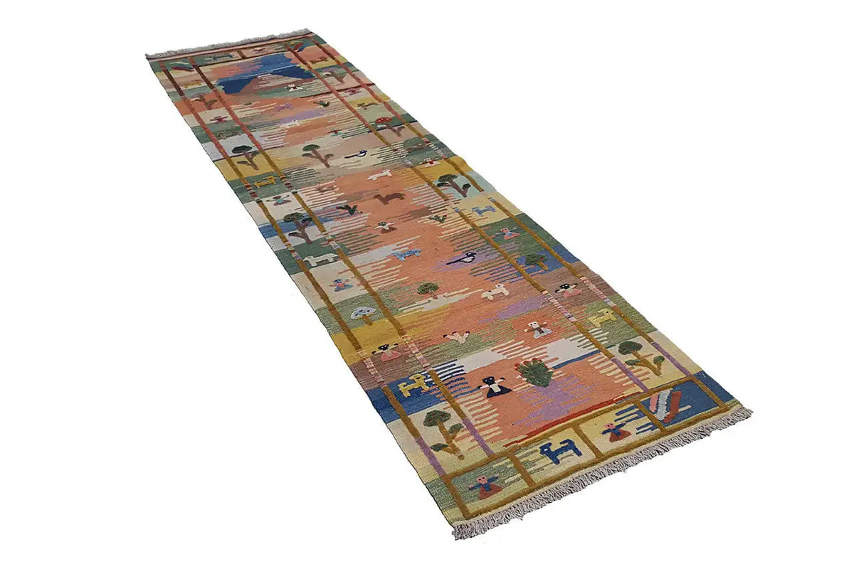 Kilim runner rug with an oriental design, diagonal and fringed